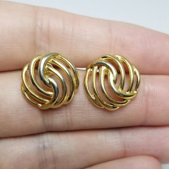 Vintage Monet Gold Tone Swirl Knot Shape Stud Earrings, Retro 80s 90s Style - Picture 4 of 6